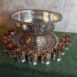 Vintage Silver on Copper Punch Bowl 12 Mugs & Tray by Sheridan Silver Company